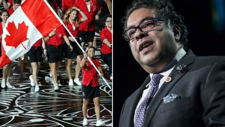 Canadian flag-bearer Meaghan Benfeito, right, at the 2018 Commonwealth Games in Australia. Mayor Naheed Nenshi, right, says a group of private citizens in Calgary is working on a potential bid to bring the 2026 Commonwealth Games to the city. Nenshi Commonwealth Games