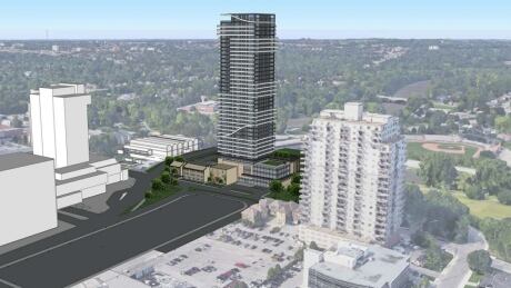 This aerial view shows the proposed building in black at the centre, with the courthouse on the left and Labatt Park in the background. 451 Ridout aerial view