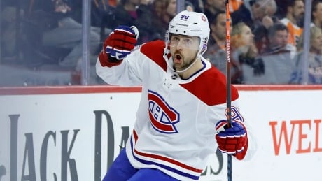 Montreal's Tomas Tatar celebrates after his first-period goal during the Canadiens' 4-1 win over the Philadelphia Flyers on Thursday. Canadiens Flyers Hockey