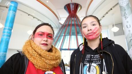 Taryn Acoose and Amanda Leader from the First Nations University Student Association helped organize a smudge walk around the campus the school shares with the University of Regina. Some of the members of the association what the U of R to apologize after recent controversy over a scheduled lecture. Taryn Acoose and Amanda Leader from the First Nations University Student Association