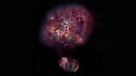 This is an artist's impression of MAMBO-9, a galaxy in its star-forming period, roughly 970 million years after the big bang. This is what XMM-2599 might have looked like during a similar stage. XMM-2599 massive galaxy