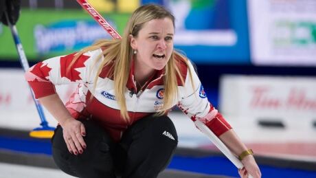 Team Canada skip, Chelsea Carey calls a shot during draw 6 against team Quebec at the Scotties Tournament of Hearts in Moose Jaw, Sask., Monday, February 17, 2020. THE CANADIAN PRESS/Jonathan Hayward CUR Women Hearts 20200217