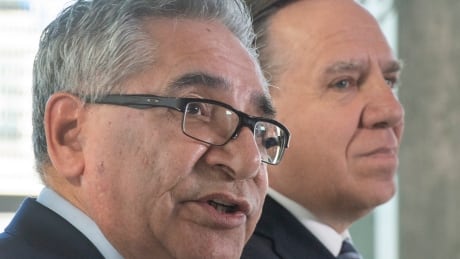 Cree Grand Chief Abel Bosum, left, and Quebec Premier François Legault after signing a memorandum of understanding on long-term economic development in February 2020. QUE Cree 20200217