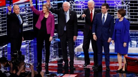 From left, Democratic presidential candidates, former New York City Mayor Michael Bloomberg, Sen. Elizabeth Warren, D-Mass., Sen. Bernie Sanders, I-Vt.,former Vice President Joe Biden, former South Bend Mayor Pete Buttigieg, Sen. Amy Klobuchar, D-Minn., stand on stage before a Democratic presidential primary debate Wednesday, Feb. 19, 2020, in Las Vegas, hosted by NBC News and MSNBC. Election 2020 Debate