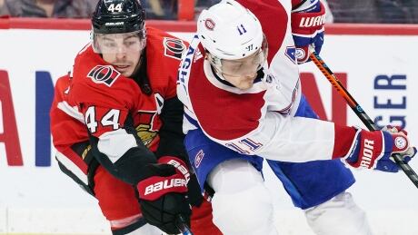 Jean-Gabriel Pageau, left, was traded from the Senators to the Islanders on Monday. He has scored a career-high 24 goals this season. pageau-jean-gabriel-200222-1180