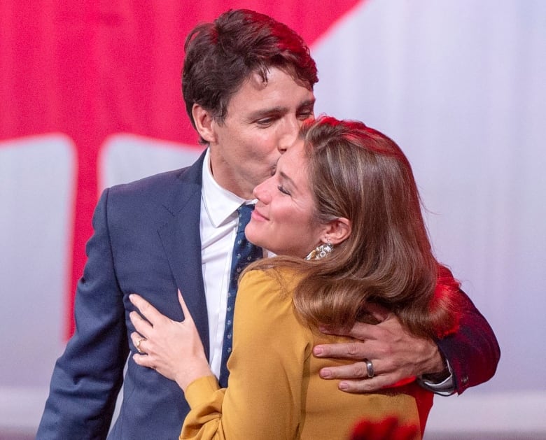 Liberal Leader Justin Trudeau celebrates with his wife, Sophie Grégoire Trudeau, at the election night headquarters in Montreal after winning a minority government last October. The Prime Minister's Office says Grégoire Trudeau has tested positive for COVID-19. (Ryan Remiorz/The Canadian Press)