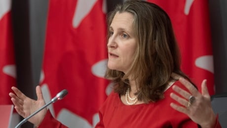 Deputy Prime Minister and Minister of Intergovernmental Affairs Chrystia Freeland responds to a question during a news conference in Ottawa, Friday March 27, 2020. COVID Parliament 20200327