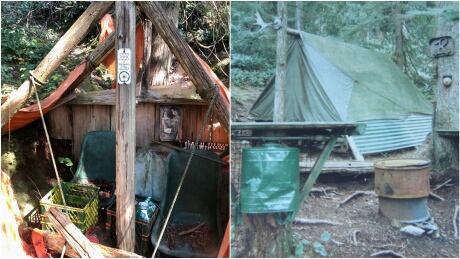 The secret unsanctioned camp in Golden Ears Provincial Park was known as The Retreat. It was set up in 1986 (right) and abandoned in 1991, before being discovered the week of March 16, 2020. (left). Retreat