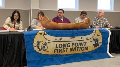 Long Point First Nation Chief Steeve Mathias, centre, is calling for help from Quebec's provincial police or the Canadian Armed Forces in enforcing compliance with measures its council adopted on Sunday, declaring a 20-day state of emergency in the Algonquin community in western Quebec. Long Point First Nation