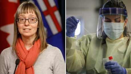 At left, Alberta's chief medical officer of health, Dr. Deena Hinshaw, updates media on the COVID-19 situation. At right, a health-care worker gathers a test sample. Both are file photos. Hinshaw and testing coronavirus