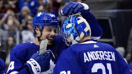 Toronto Maple Leafs' Auston Matthews and Frederik Andersen, seen above in December, are quarantining together in Arizona while waiting for the NHL season to hopefully resume. matthews-andersen-040920