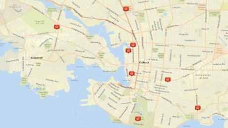 VicPD provided this map showing the location of nine suspicious fires in Victoria and Esquimalt. Victoria suspicious fire map