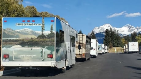 Recreational vehicles parked in the Banff townsite. Finding a spot to camp in Banff National Park can be a challenge, as tens of thousands of users flood the online reservation site the moment it opens. Banff RVs camping
