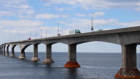 Images of Confederation Bridge, included transport trucks. Taken June 9. Bridge is only open to essential travellers. Confederation Bridge