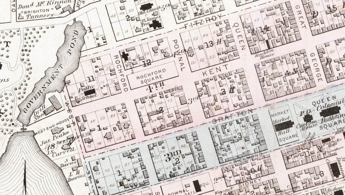 A top down view of a historical map depicting Charlottetown in the 1880s.