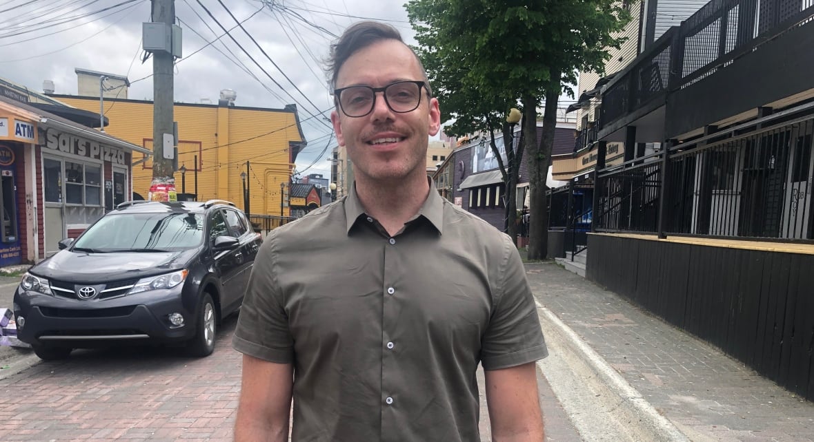 Man with glasses standing in street