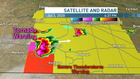 This map from CBC Meteorologist Christy Climenhaga details the tornado warnings that are in place for south central Saskatchewan. Weather map