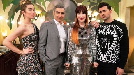 This image released by Pop TV shows, from left, Annie Murphy, Eugene Levy, Catherine O'Hara and Dan Levy from the series Schitt's Creek. Nominations for the Emmy Awards will be announced on Tuesday, July 28. Emmy Nominations