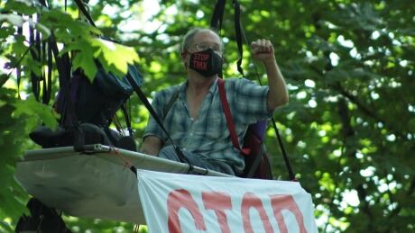 A photo supplied by a supporter shows Tim Takaro, 63, in his treetop protest apparatus. Tim Takaro