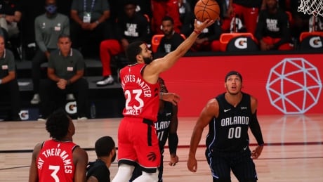 Toronto guard Fred VanVleet goes for a layup during the Raptors' 109-99 win over the Orlando Magic on Wednesday. VanVleet continued his impressive form since the restart, leading Toronto with a 21 point, 10 assist double double. 1227929239