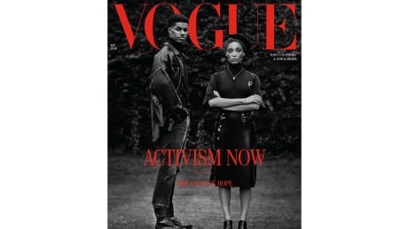 In this image made available Thursday Aug. 6, 2020, by British Vogue magazine, showing the September 2020 issue devoted to activism, with a cover featuring two Black activists and produced by a predominantly Black team. The influential magazine’s cover features 22-year-old Manchester United soccer player Marcus Rashford, who successfully campaigned during coronavirus lockdown to force Britain’s government to grant free food vouchers to poor families, alongside model and mental health, racial justice and sustainability activist Adwoa Aboah, who has said "Now I have hope it’s changing." They were photographed by Misan Harriman, the first black photographer tasked with shooting the magazine’s September issue. Britain Vogue