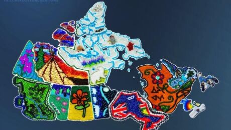 Beadwork by Amanda Laliberte, Ashley Copage, Ashley McKenzie-Dion, Didi Grandjambe, Jennelle Doyle, Joelle Charlie, Kyla Woodward, Lenore Augustine, Marissa Magneson, Mellz Compton, Monique Jolly, and Rena Laboucan. Graphic design by Justin Romero. Beaded map