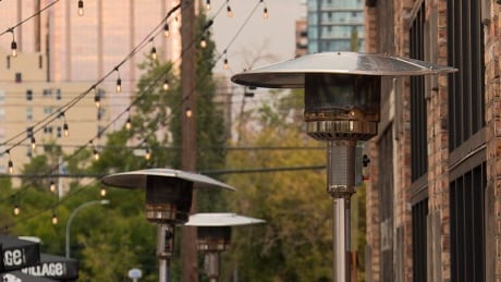 An empty patio on 17th Avenue S.W. has heaters set up but unused on a cold Calgary day. Patio lamp heaters