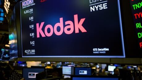 A monitor displays Eastman Kodak Co. signage on the floor of the New York Stock Exchange (NYSE) in New York, U.S., on Thursday, Jan. 11, 2018. U.S. stocks rebounded from the first retreat of the year, as energy shares surged after Brent crude topped $70 a barrel for the first time since 2014. Photographer: Michael Nagle/Bloomberg kodak ticker