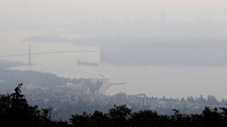 Smoke obscures West Vancouver, bottom, and the downtown core of Vancouver, top, as a cargo ship passes under the Lions Gate Bridge while leaving port on Burrard Inlet in Vancouver, B.C., on Aug. 5, 2010. BC Air Quality Advisory