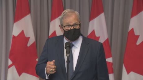 Cardigan MP Lawrence MacAulay wears a mask while answering reporters questions in Ottawa on Wednesday. Lawrence MacAulay