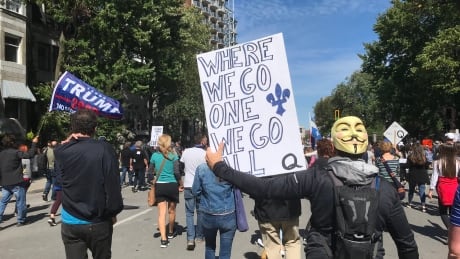 Picture taken at Sept. 12 anti-mask demonstration in Montreal. QAnon in Quebec