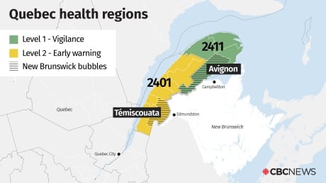 Quebec moved four more health regions from green to yellow on Tuesday, including one that borders New Brunswick, because of a spike in COVID-19 cases. quebec regions