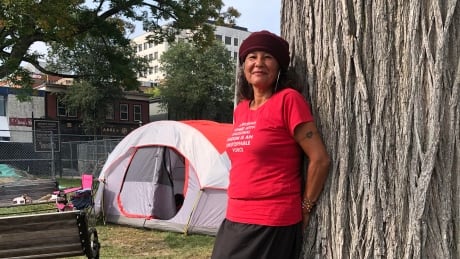 Beverley Perley has a tent and ceremonial fire in Officers' Square in Fredericton. Beverley Perley