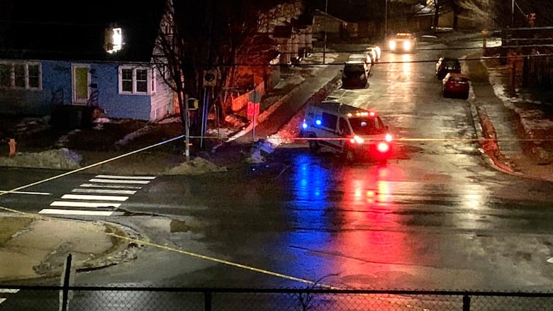A darkened street with a police van is shown.