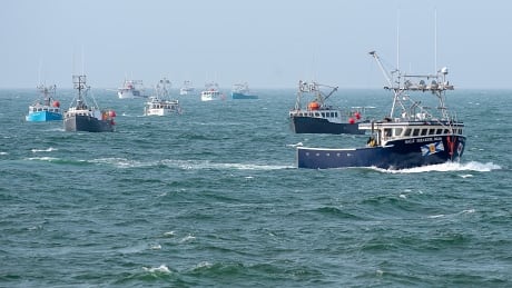 A few kilometers offshore from the Saulnierville wharf, up to 50 lobster fishing boats from numerous non-Indigenous fishing communities circled the first Mi’kmaw vessels drop the moderate livelihood lobster traps. NS Lobster Protest 20200917