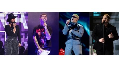This combination photo shows Alicia Keys hosting the 61st annual Grammy Awards in Los Angeles on Feb. 10, 2019, from left, Post Malone performing in Philadelphia on Feb. 21, 2020, Bad Bunny performing at the Billboard Latin Music Awards in Las Vegas on April 25, 2019 and Luke Combs performing at the 54th annual Academy of Country Music Awards in Las Vegas on April 7, 2019. NBC and dick clark productions announced that Keys, Malone, Bad Bunny and Combs will the perform at the 2020 Billboard Music Awards on Oct. 14. Music-Billboard Awards Performers