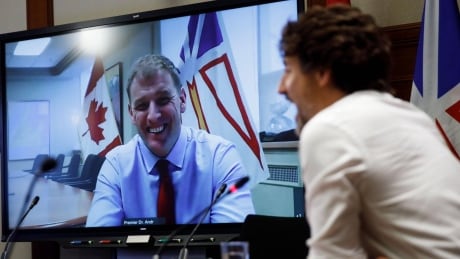 Premier Andrew Furey and Prime Minister Justin Trudeau smile during a videoconference. Furey tweeted the photo on Sept. 3, 2020. Andrew Furey and Justin Trudeau
