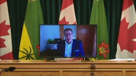 After self-isolating, Scott Moe appeared at a Wednesday COVID-19 update from his Shellbrook home via a video link. Scott Moe appearing by remote