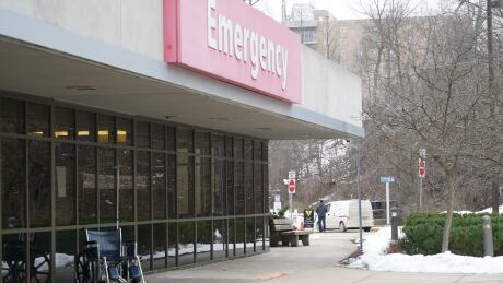 An empty wheelchair sits outside the emergency department at University Hospital in London, Ont., in January 2021. Covid London emergency
