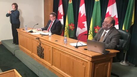 Dr. Saqib Shahab (right ) and Premier Scott Moe addressed the media on Tuesday. Moe and Shahab
