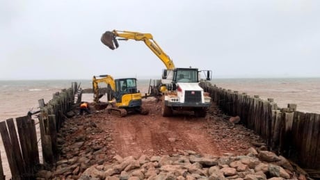 Construction vehicles dismantle Rocky Point wharf and install a rock breakwater. Rocky Point wharf removal
