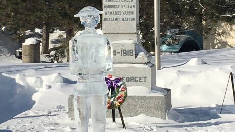 Schreiber Ont., artist Kim Asmussen crafted a life sized ice sculpture for the local Cenotaph park in his hometown. Asmussen has received international attention for his previous outdoor artwork, which includes large-scale two dimensional snow mosaics. Asmussen ice sculpture