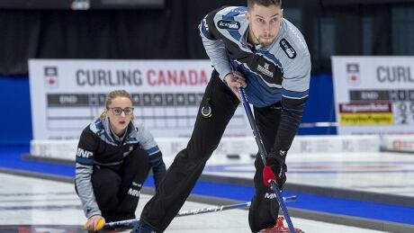 Brett Gallant of St. John's and Calgary's Jocelyn Peterman scored three points in the third end and two more in the sixth on the way to a 7-3 victory over Colton Lott and Kadriana Sahaidak in pool play Saturday at the Canadian mixed doubles curling championship in Calgary. gallant-peterman-190324-1180