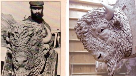 Al Stinson only received one piece of public credit in Calgary media in the 1980s for his work sculpting new bison heads for the city's Centre Street Bridge, in an article from now-defunct Alberta Report magazine, pictured on the left. Now that his sculptures, pictured in 2020 on the right, are up for auction, he's correcting the record. Al Stinson Calgary bison heads