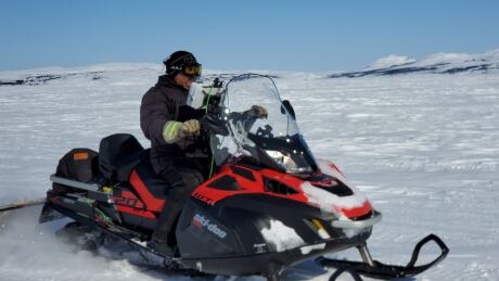 Rex Holwell is the SmartICE lead in Nain. Rex Holwell on snowmobile