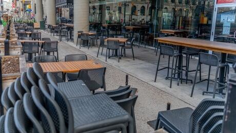 A closed patio in downtown Ottawa April 13, 2021 during an Ontario stay-at-home order. Restaurants are limited to takeout and delivery. patio restaurant takeout delivery ontario shutdown stay-at-home closed covid coronavirus