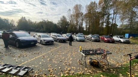 Every singer remains in their own car with their own mics and each cord leading to the main mixing board is sanitized before being plugged in. Vancouver Thunderbird Chorus