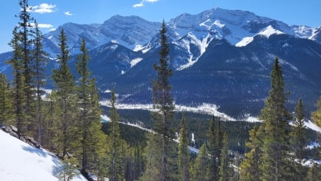 A view south from Ha Ling Trail, near Canmore, in southern Alberta on April 15, 2021. Ha Ling view Canmore Rocky Mountains Trail Snow
