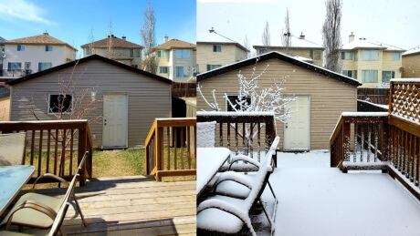 What was a sunny day in Calgary Saturday (left) quickly turned into a snow shower on Sunday (right) with temperatures dropping to 0 C. Calgary weather