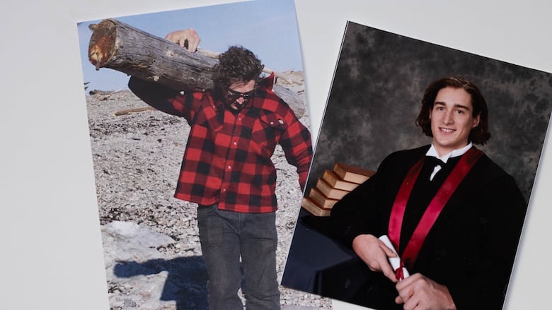Two photos of a young man: one of him carrying a log and another of him in a graduation gown. 